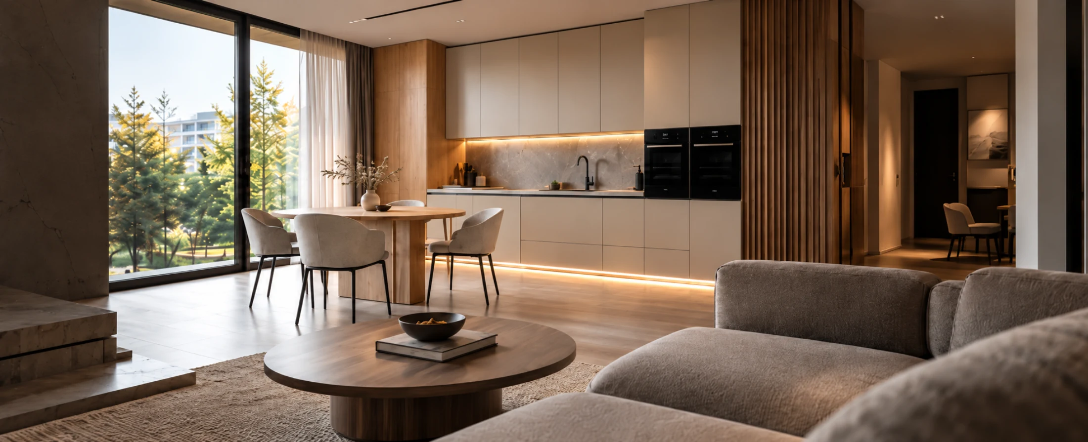 Ciepłe wnętrze apartamentu z jasną kuchnią, drewnianą zabudową i strefą dzienną.